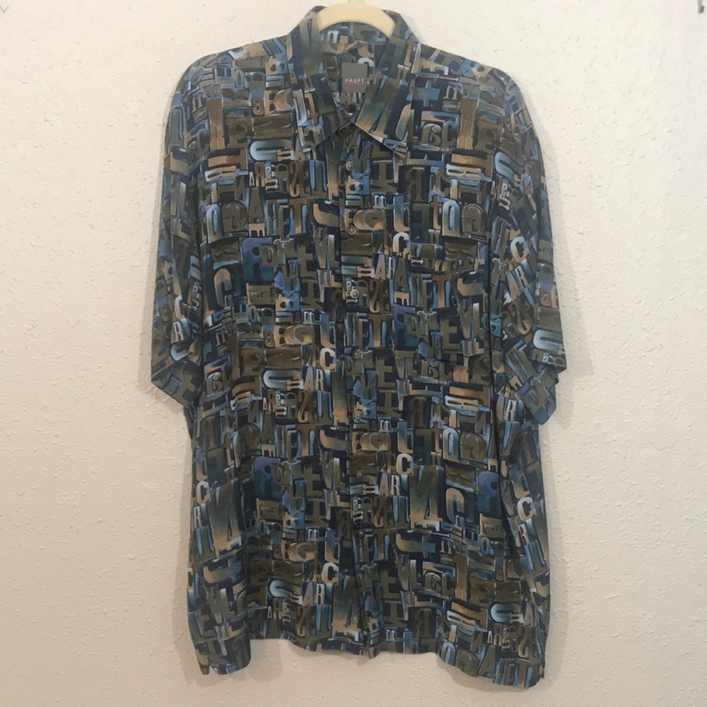HAUPT ALPHABET‎ SCATTERED PRINT BLUE SHORT SLEEVE BUTTON FRONT SHIRT
